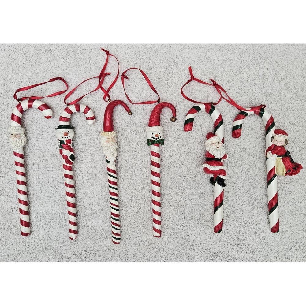 Six Vintage Intricate Candy Cane Ornaments Santa Snowman Mrs. Claus‎